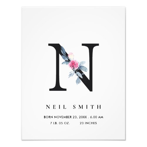 BLUSH BLUE FLORAL ALPHABET NAME N BABY BIRTH STATS PHOTO PRINT