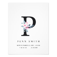 BLUSH BLUE FLORAL ALPHABET NAME P BABY BIRTH STATS PHOTO PRINT