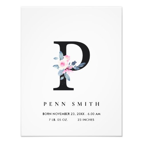 BLUSH BLUE FLORAL ALPHABET NAME P BABY BIRTH STATS PHOTO PRINT