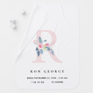 BLUSH BLUE FLORAL ALPHABET NAME R BABY BIRTH STATS BLANKET