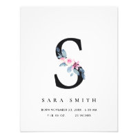 BLUSH BLUE FLORAL ALPHABET NAME S BABY BIRTH STATS PHOTO PRINT