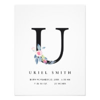 BLUSH BLUE FLORAL ALPHABET NAME U BABY BIRTH STATS PHOTO PRINT