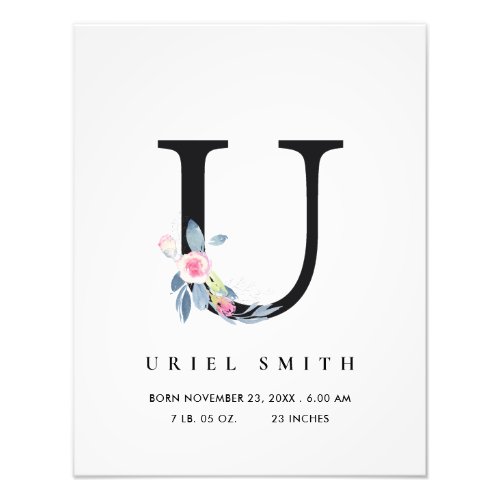 BLUSH BLUE FLORAL ALPHABET NAME U BABY BIRTH STATS PHOTO PRINT