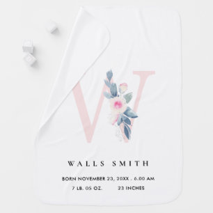 BLUSH BLUE FLORAL ALPHABET NAME W BABY BIRTH STATS BABY BLANKET
