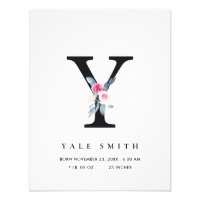 BLUSH BLUE FLORAL ALPHABET NAME Y BABY BIRTH STATS PHOTO PRINT