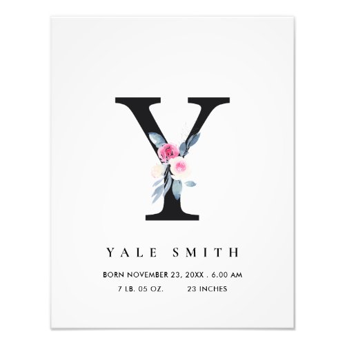 BLUSH BLUE FLORAL ALPHABET NAME Y BABY BIRTH STATS PHOTO PRINT