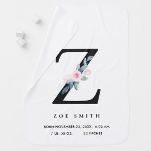 BLUSH BLUE FLORAL ALPHABET NAME Z BABY BIRTH STATS BLANKET