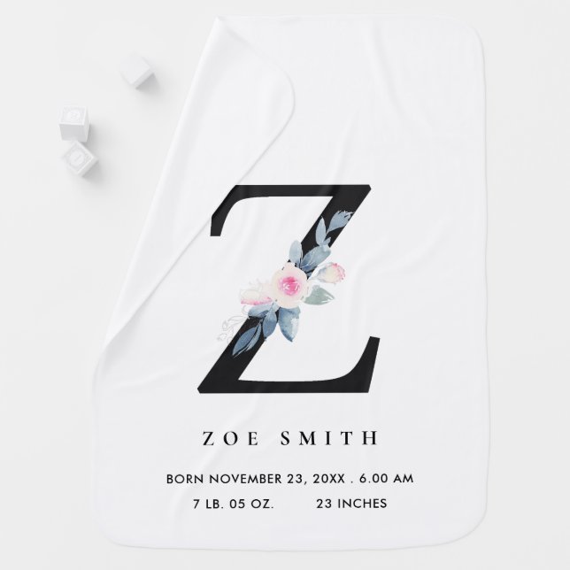 BLUSH BLUE FLORAL ALPHABET NAME Z BABY BIRTH STATS BLANKET (In Situ)