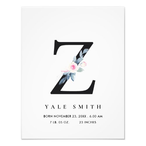 BLUSH BLUE FLORAL ALPHABET NAME Z BABY BIRTH STATS PHOTO PRINT