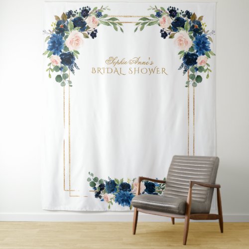 Blush Blue Floral Gold Bridal Shower Photo Booth Tapestry