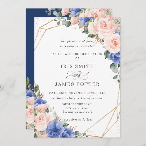 Blush  Blue Floral Roses Gold Geometric Wedding  Invitation