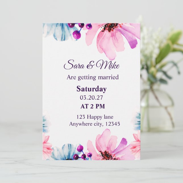 Blush & Blue Floral Save the Date Card  (Standing Front)