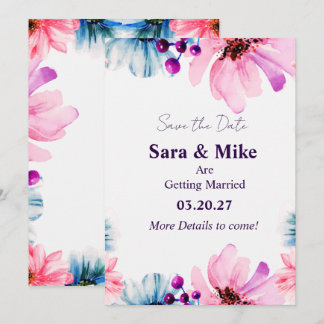 Blush & Blue Floral Save the Date Card