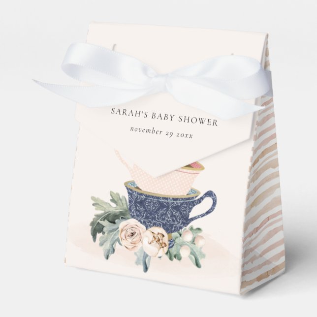 Blush Blue Floral Stacked Tea Cups Baby Shower Favor Boxes (Front Side)