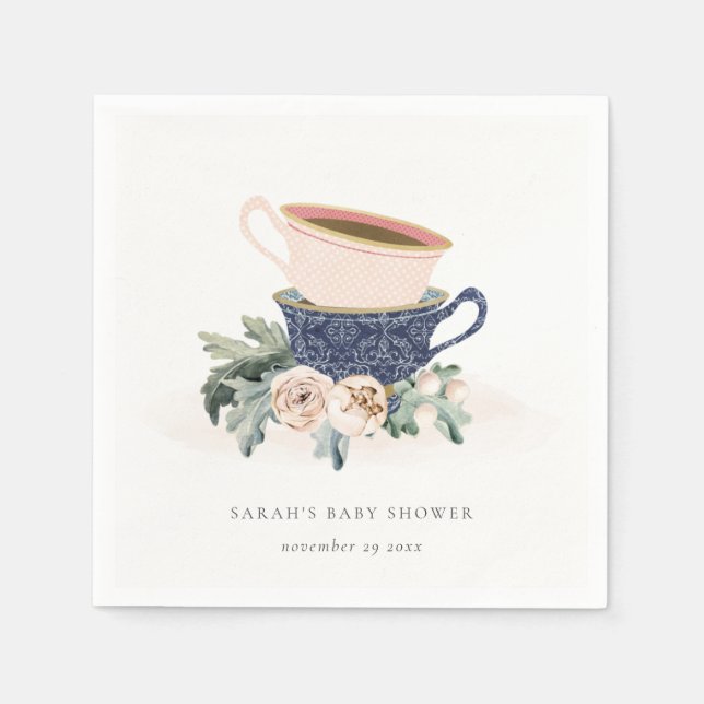 Blush Blue Floral Stacked Tea Cups Baby Shower Napkins (Front)