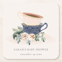 Blush Blue Floral Stacked Tea Cups Baby Shower Square Paper Coaster