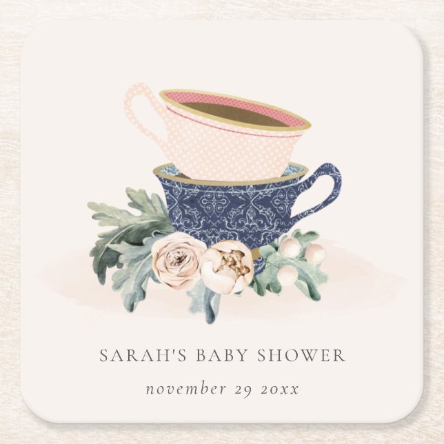 Blush Blue Floral Stacked Tea Cups Baby Shower Square Paper Coaster (Front)