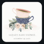 Blush Blue Floral Stacked Tea Cups Baby Shower Square Sticker<br><div class="desc">For any further customisation or any other matching items,  please feel free to contact me at yellowfebstudio@gmail.com</div>