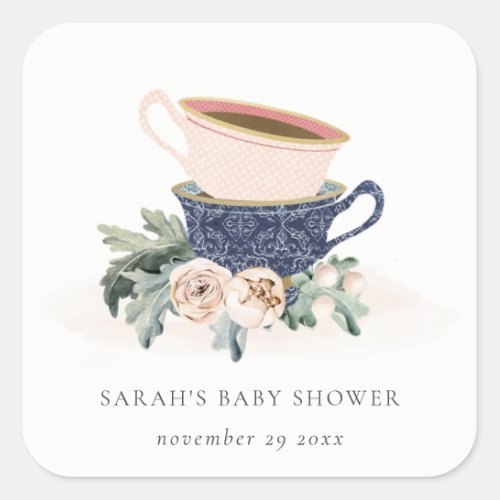 Blush Blue Floral Stacked Tea Cups Baby Shower Square Sticker
