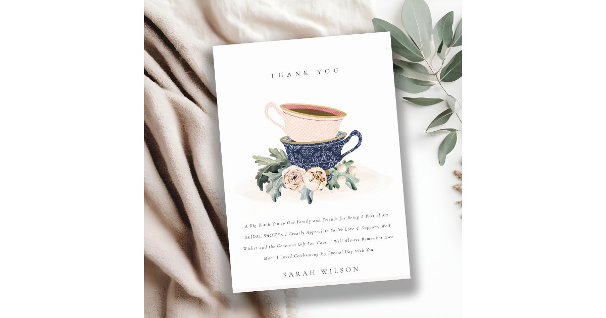 Blush Blue Floral Stacked Tea Cups Bridal Shower Thank You Card | Zazzle