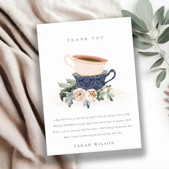 Blush Blue Floral Stacked Tea Cups Bridal Shower Thank You Card | Zazzle