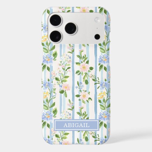 Blush Blue Floral Watercolor Striped Personalized iPhone 17 Pro Max Case