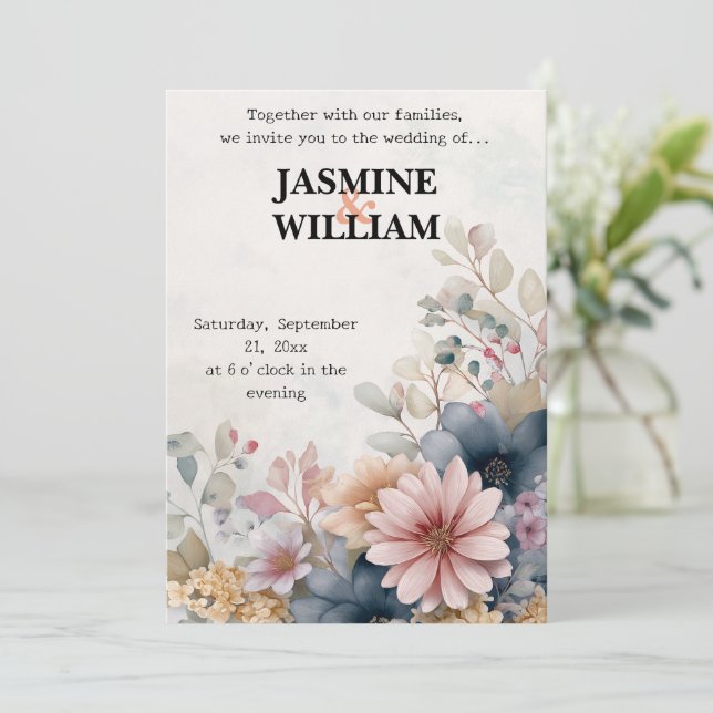 🌺 Blush & Blue Floral Wedding Invitation 💌🌿 (Standing Front)