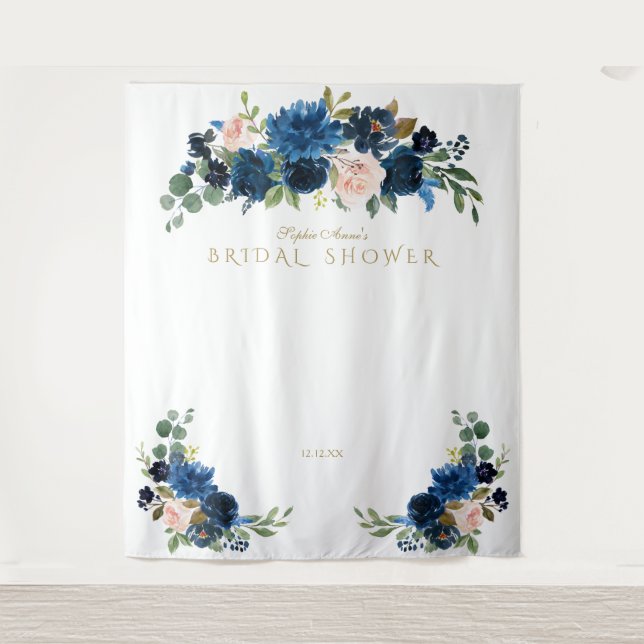 Blush Blue Flowers Bridal Shower Photo Booth Prop Tapestry (Front)