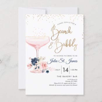 Blush Blue Flowers Brunch Bubbly Pink Champagne Invitation by custom_stationery at Zazzle
