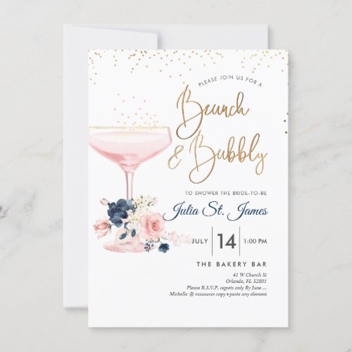 BlushBlue Flowers Brunch Bubbly Pink Champagne Invitation