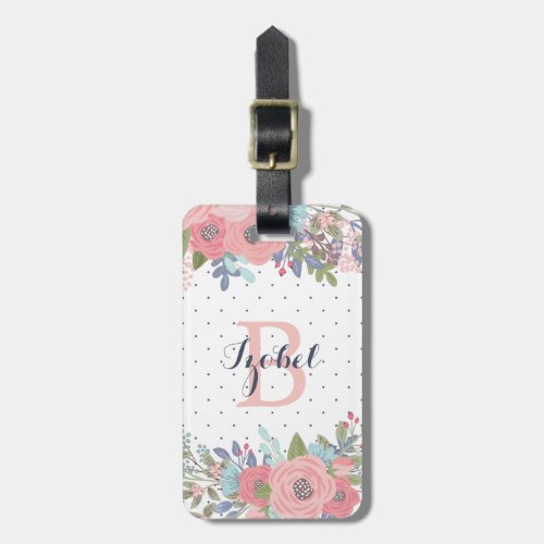 Blush  Blue Flowers Polka Dot Monogram Luggage Tag