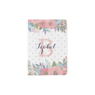 Blush & Blue Flowers Polka Dot Monogram Passport Holder