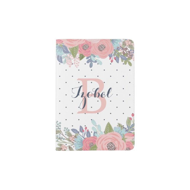 Blush & Blue Flowers Polka Dot Monogram Passport Holder (Front)
