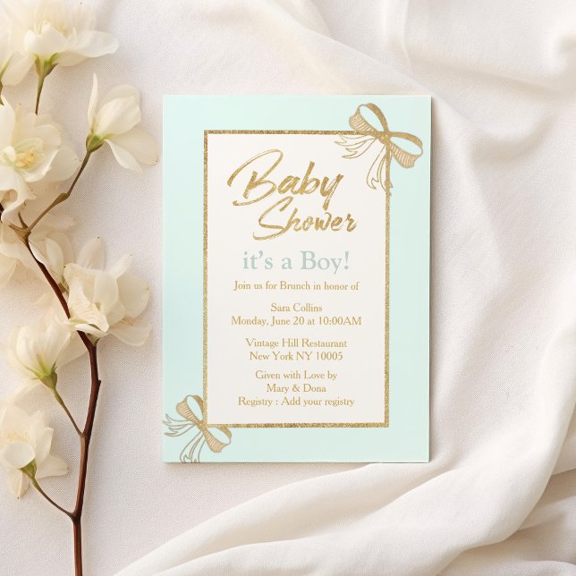 Blush blue gold glitter bow Boy Baby Shower Invitation (Blush blue gold glitter bow Boy Baby Shower)