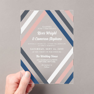 Blush Blue Gray Diamond Stripes Modern Wedding Acrylic Invitations