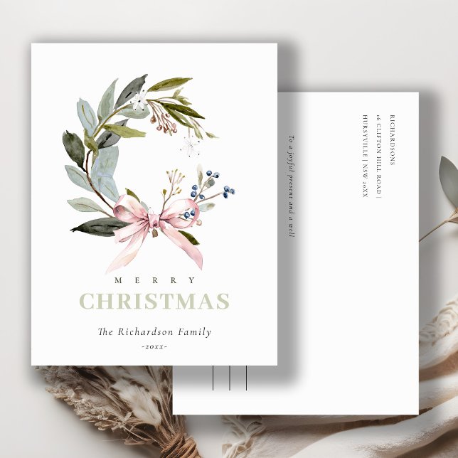 Blush Blue Green Winter Christmas Wreath Holiday Postcard (Creator Uploaded)