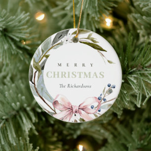 Blush Blue Green Winter Christmas Wreath Photo Ceramic Ornament