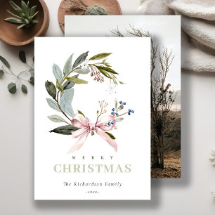Blush Blue Green Winter Christmas Wreath Photo Holiday Card