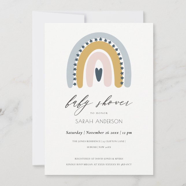 BLUSH BLUE HEART RAINBOW BABY SHOWER INVITE (Front)
