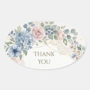 Blush Blue Hydrangea Greenery Wedding Thank You Oval Sticker