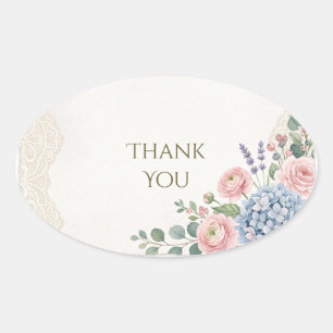 Blush Blue Hydrangea Rose Lace Wedding Thank You Oval Sticker