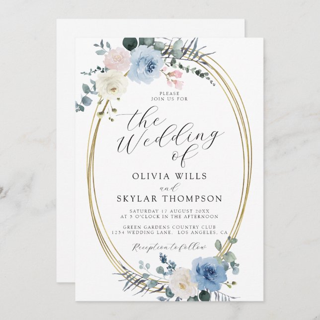 Blush Blue Light Beach Tropical Boho Wedding Invitation (Front/Back)