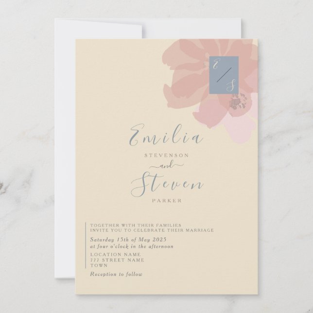 Blush Blue Modern Floral Wedding Invite (Front)