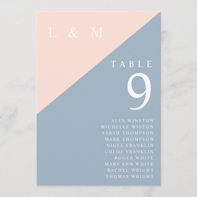 Blush Blue Monogram Table Number Seating Chart (Front)