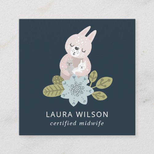 BLUSH BLUE NAVY SCANDI FLORAL BEAR BABY MIDWIFE SQUARE BUSINESS CARD