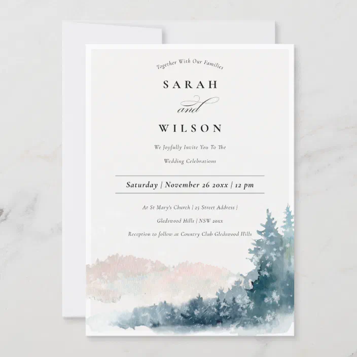 Watercolor Winter Wedding Ceremony Invites Soft Snowfall Wedding Invitations /& RSVP Card Set