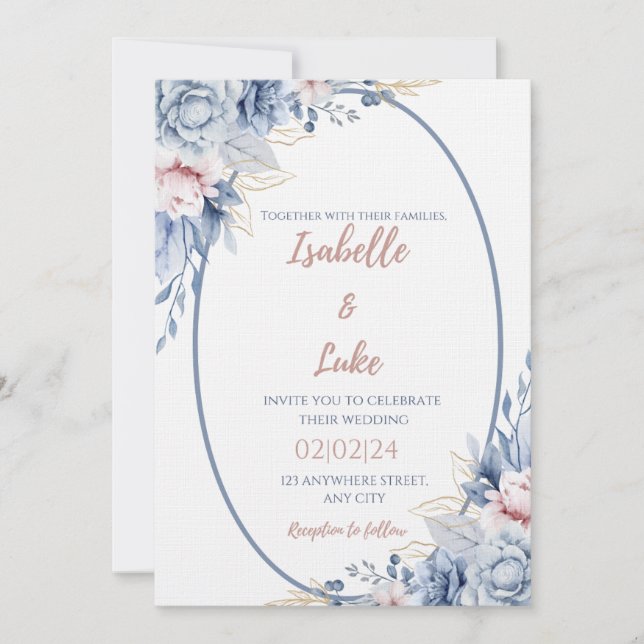 Blush & Blue Rose Gold Romance Wedding Invitation (Front)