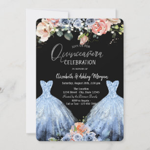Blush Blue Roses Blue Glitter Dress Invitation