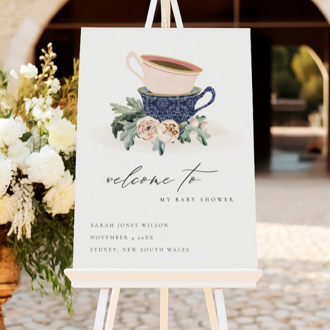 Blush Blue Stack Cups Floral  Baby Shower Welcome Foam Board (Creator Uploaded)