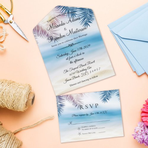 Blush Blue Tropical Ocean Summer Beach Wedding All In One Invitation